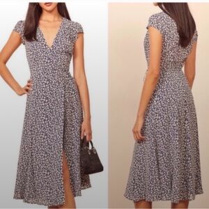 Reformation Carina Soho Blue and White Floral Midi Wrap Dress